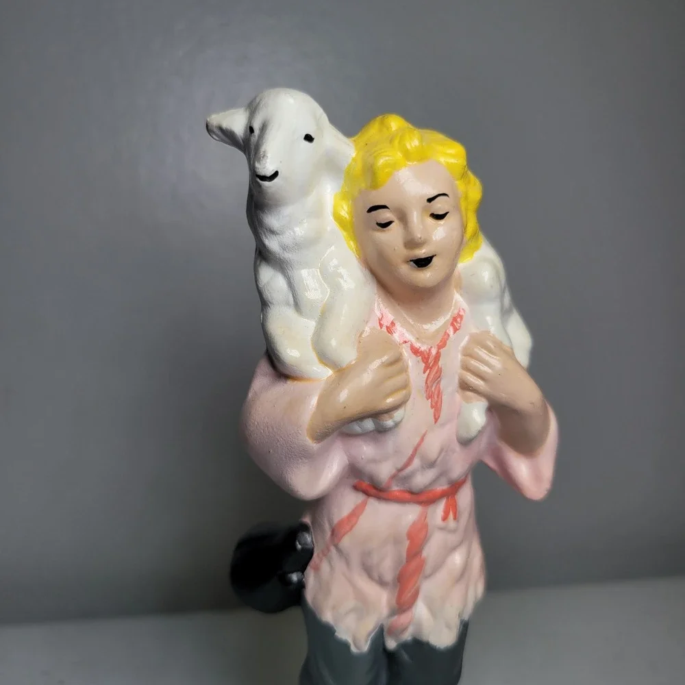 Pacific Mold Vintage Ceramic Nativity Piece Shepherd Girl‎ with Lamb 7 Inch